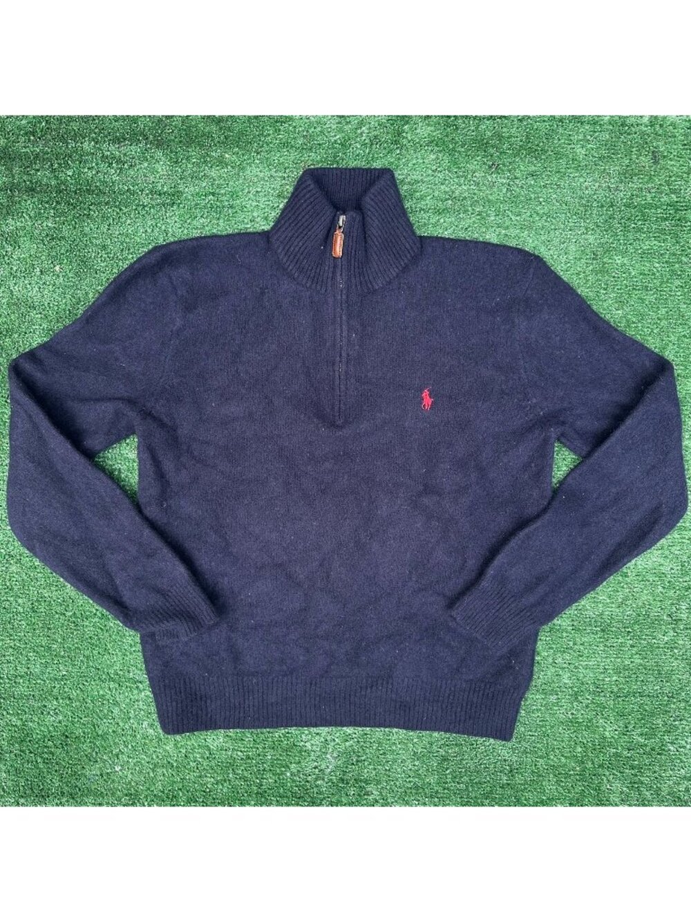 Vintage 90s Polo Ralph Lauren Lamb Wool Quarter Zip Sweater L Navy Preppy Logo